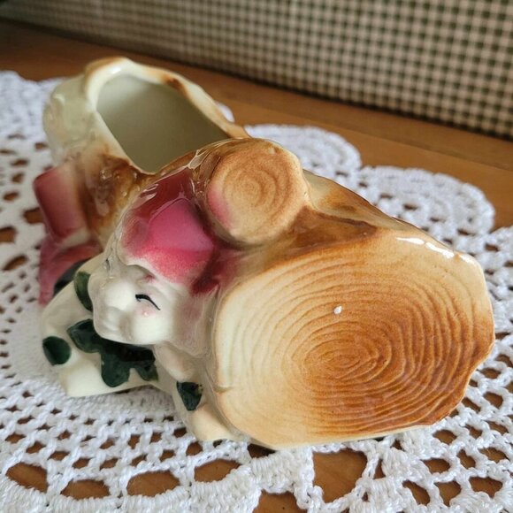 Vintage Porcelain Trinket Planter - Elf Pixie Gnome Wood Log - Picture 5 of 11